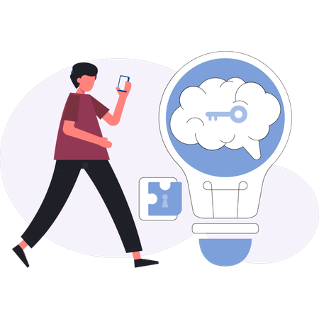 Menino encontrando solução de quebra-cabeça no celular  Ilustração