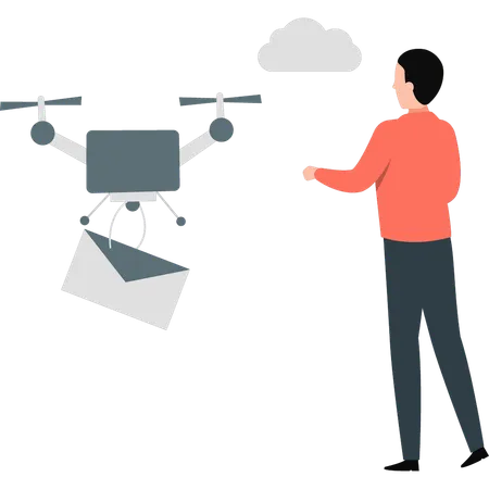 Menino enviando e-mail com drone  Ilustração