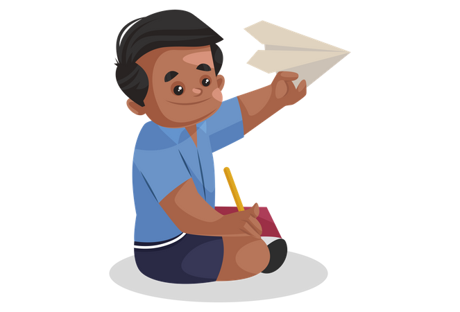 Menino de escola voando avião de papel  Ilustração