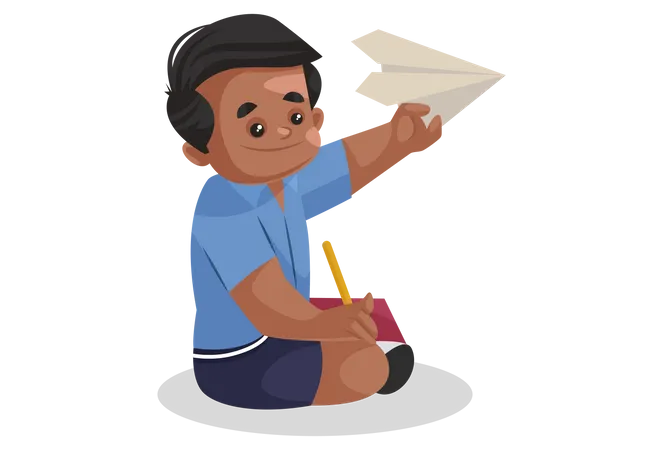 Menino de escola voando avião de papel  Ilustração