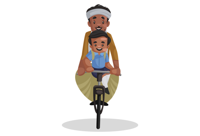 O menino da escola está sentado na bicicleta com seu pai  Ilustração