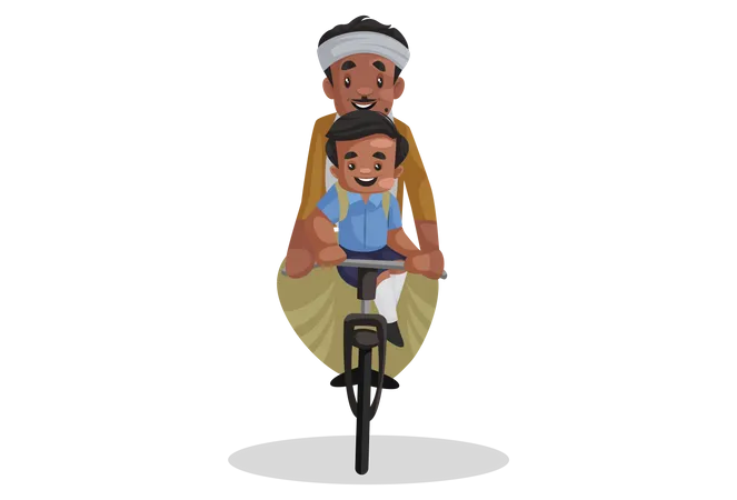 O menino da escola está sentado na bicicleta com seu pai  Ilustração