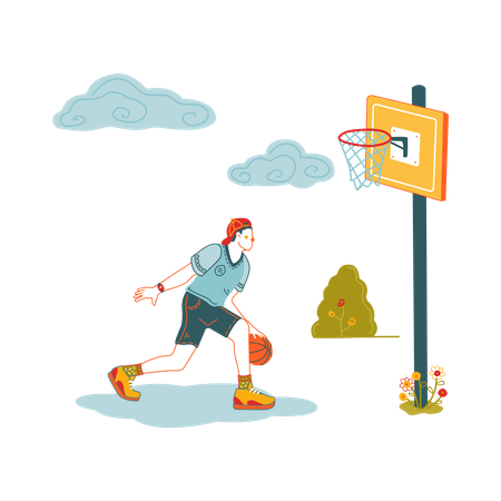 Menino de escola jogando basquete  Ilustração