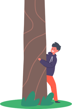 Menino escondido atrás de uma árvore  Ilustração
