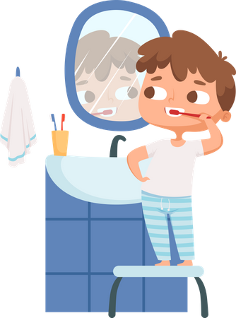 Menino escovando os dentes de manhã  Ilustração