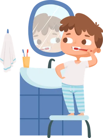 Menino escovando os dentes de manhã  Ilustração