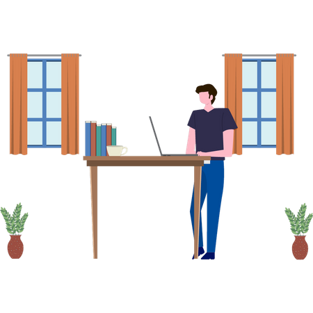 O menino está parado ao lado da mesa do laptop  Ilustração