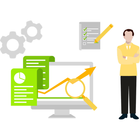 Garoto está parado ao lado da tela do monitor  Illustration