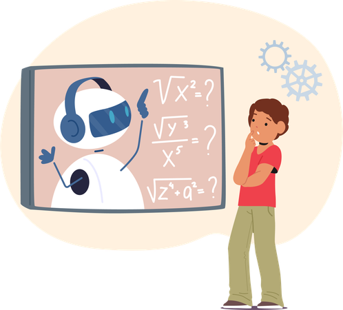 Garoto está aprendendo matemática com chatbot  Ilustração