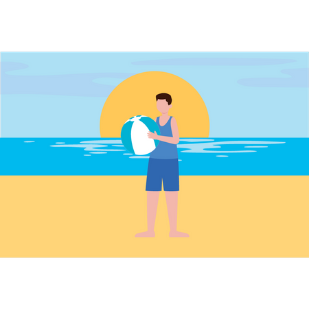 Menino está brincando com uma bola de praia na praia  Ilustração