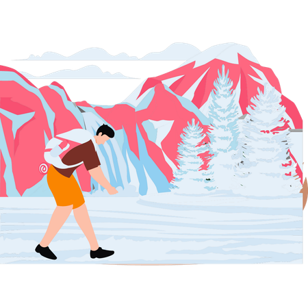 O menino está caminhando na área montanhosa  Ilustração