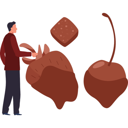 O menino está comendo frutas com calda de chocolate  Ilustração