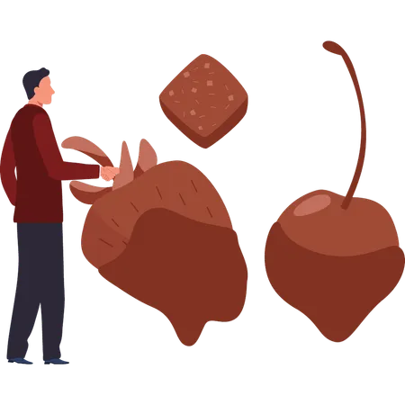 O menino está comendo frutas com calda de chocolate  Ilustração