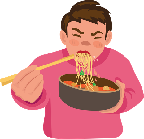 O menino está comendo macarrão  Ilustração