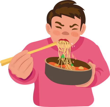 O menino está comendo macarrão  Ilustração