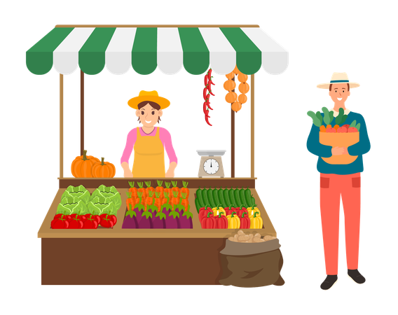 O menino está comprando legumes na barraca de legumes  Ilustração