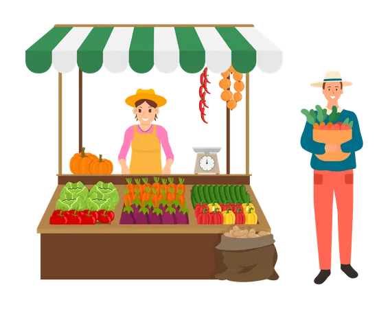 O menino está comprando legumes na barraca de legumes  Ilustração