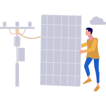 O menino está conectando a placa do painel solar perto de uma torre de eletricidade.  Ilustração