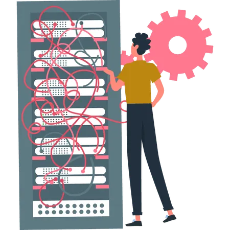 Garoto está conectando um servidor de banco de dados com cabos diferentes  Ilustração