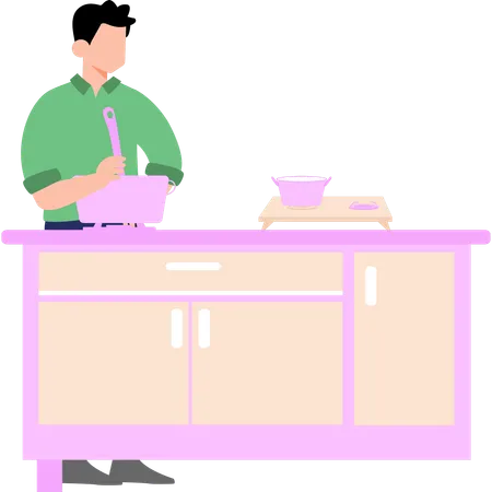 O menino está cozinhando a comida na cozinha  Ilustração