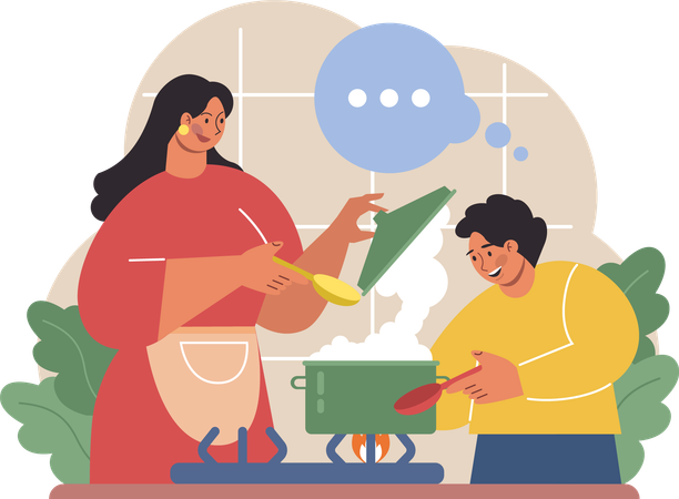 O menino está cozinhando comida com sua mãe  Ilustração