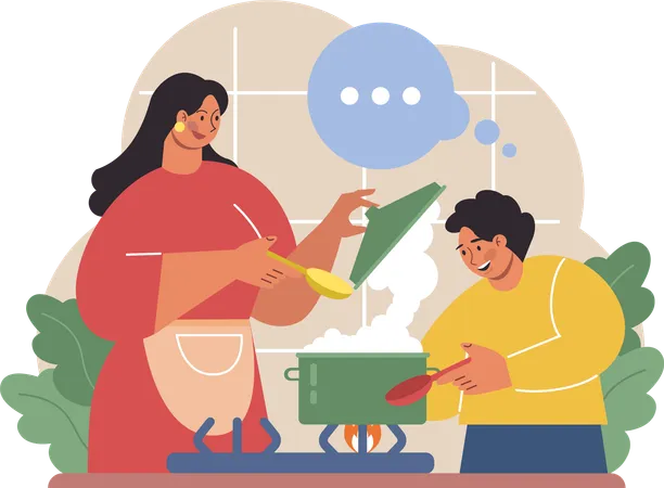 O menino está cozinhando comida com sua mãe  Ilustração