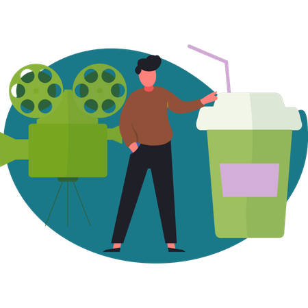 Menino está de pé ao lado de um projetor de filmes  Ilustração