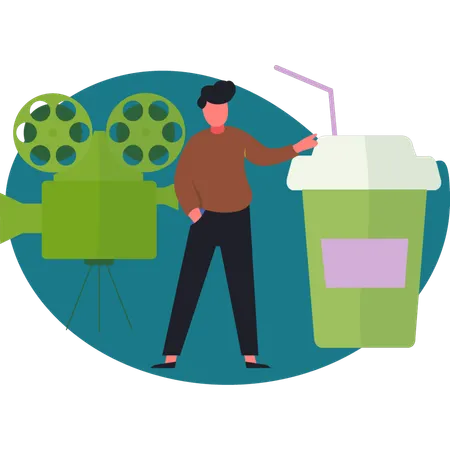 Menino está de pé ao lado de um projetor de filmes  Ilustração