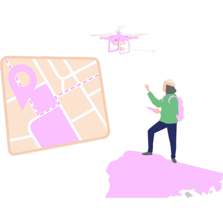 Menino está encontrando localização através de câmera drone  Ilustração