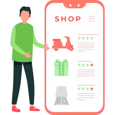 Garoto está falando sobre classificação de compras on-line  Illustration