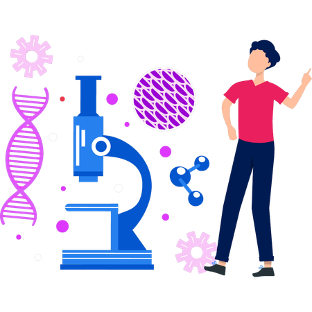 Garoto está falando sobre moléculas sob um microscópio  Ilustração