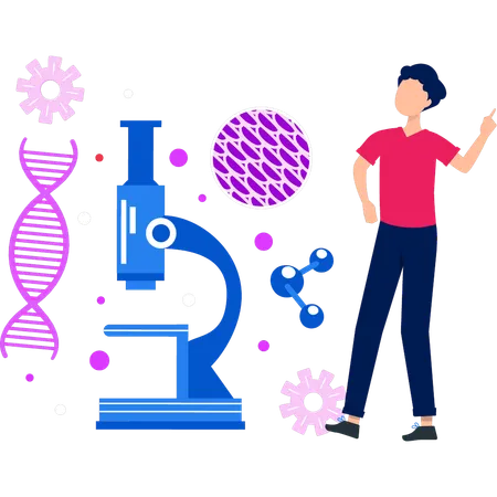 Garoto está falando sobre moléculas sob um microscópio  Ilustração