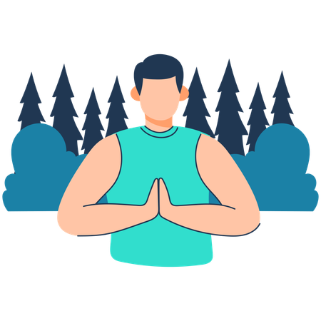 Garoto está fazendo meditação na floresta  Ilustração