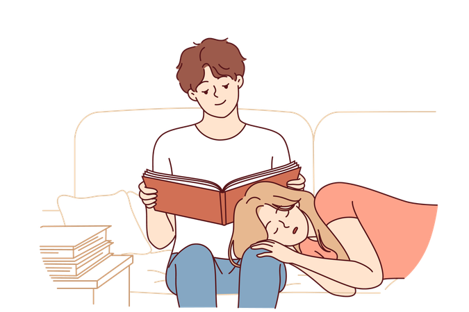 O menino está lendo um livro enquanto a menina dorme no colo do menino  Ilustração