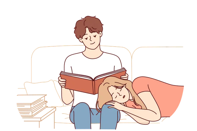 O menino está lendo um livro enquanto a menina dorme no colo do menino  Ilustração