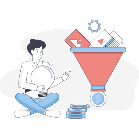 O menino está mostrando o funil de marketing  Illustration