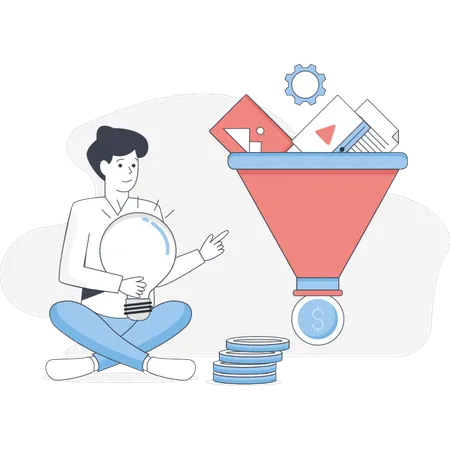 O menino está mostrando o funil de marketing  Illustration