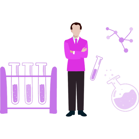 O menino está parado no laboratório  Ilustração