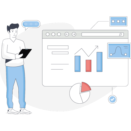 O menino está olhando gráficos analíticos da web  Ilustração