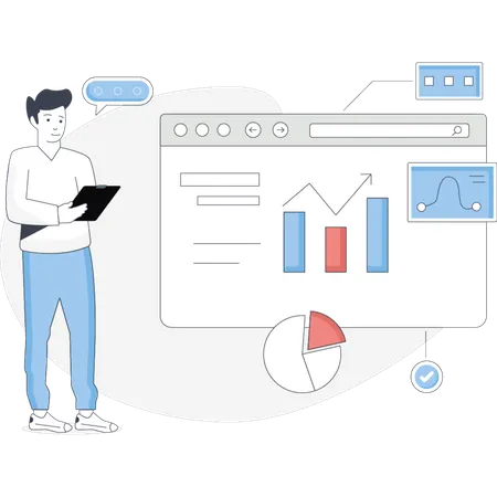 O menino está olhando gráficos analíticos da web  Ilustração