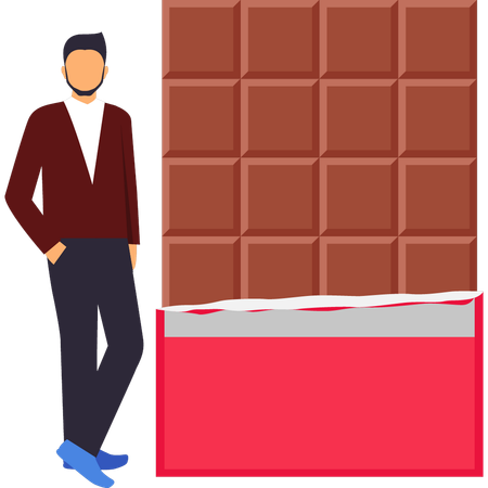 O menino está olhando para a barra de chocolate  Ilustração