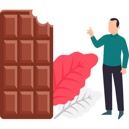 O menino está olhando para a barra de chocolate  Ilustração