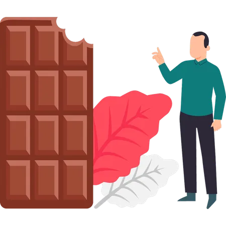 O menino está olhando para a barra de chocolate  Ilustração