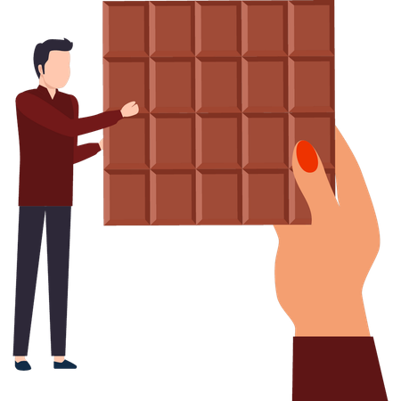 O menino está olhando para a barra de chocolate  Ilustração