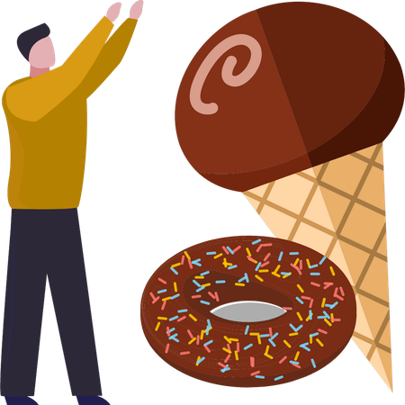 O menino está olhando para o sorvete e o donut  Illustration