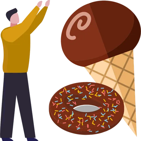 O menino está olhando para o sorvete e o donut  Illustration