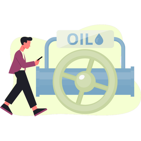 Menino está olhando o preço do petróleo no celular  Ilustração