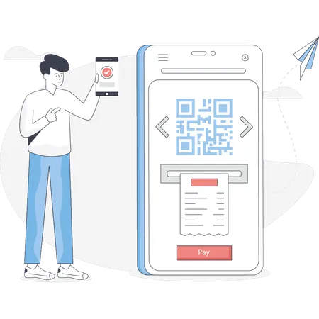 Menino está pagando conta com código QR  Ilustração