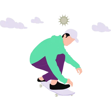 O menino está patinando no tabuleiro  Ilustração