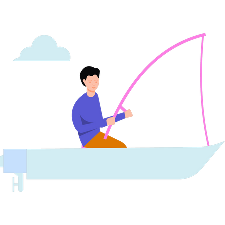 O menino está pescando em um barco  Ilustração